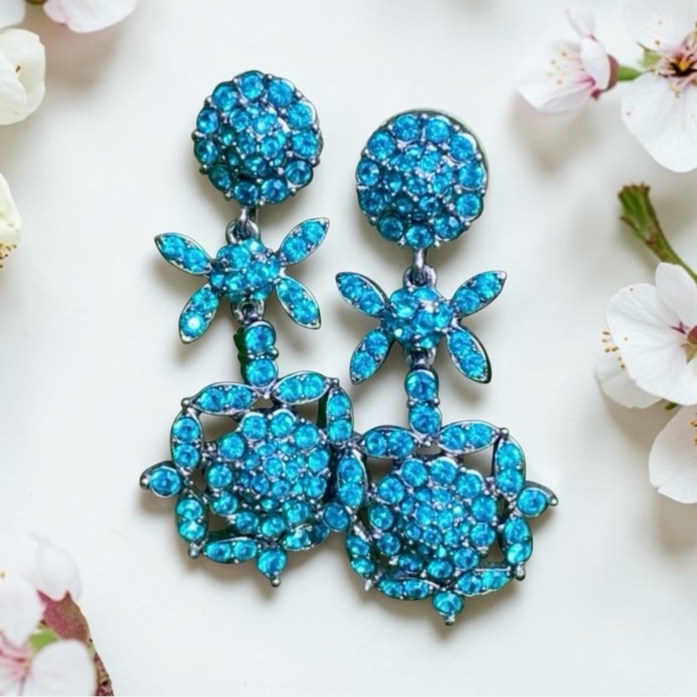 JOAN RIVERS TEAL CRYSTAL FLORAL DREAM PIERCED EARRINGS